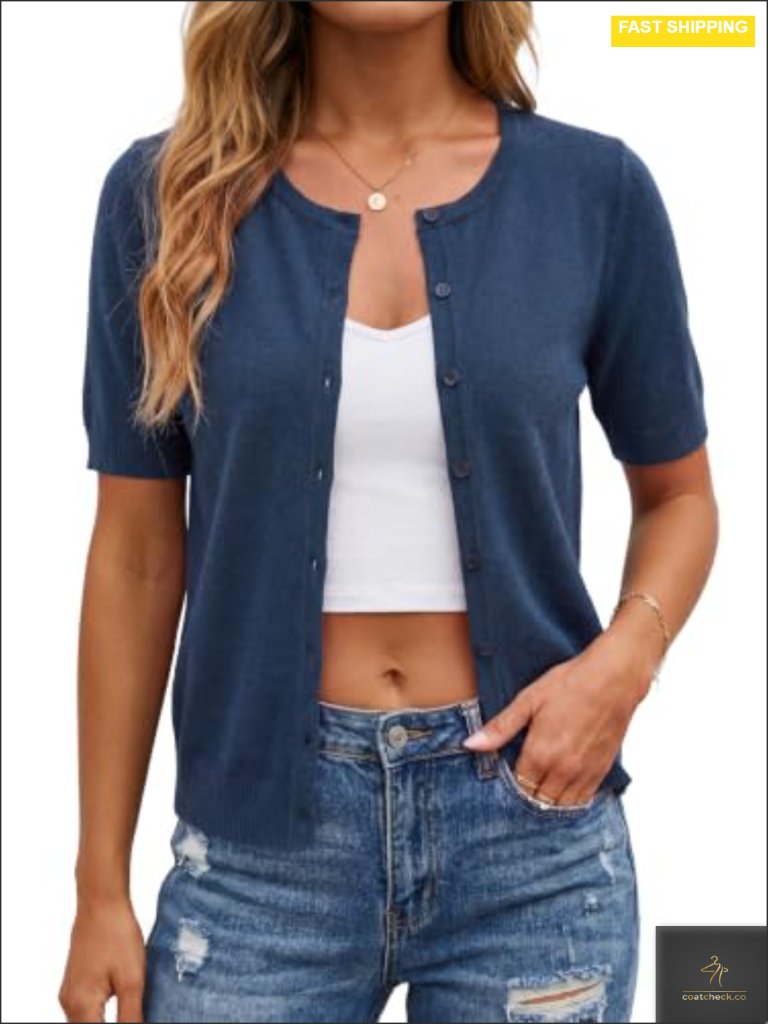 Wool Blend Cropped Short Sleeve Cardigan - Lightweight Summer Business Casual